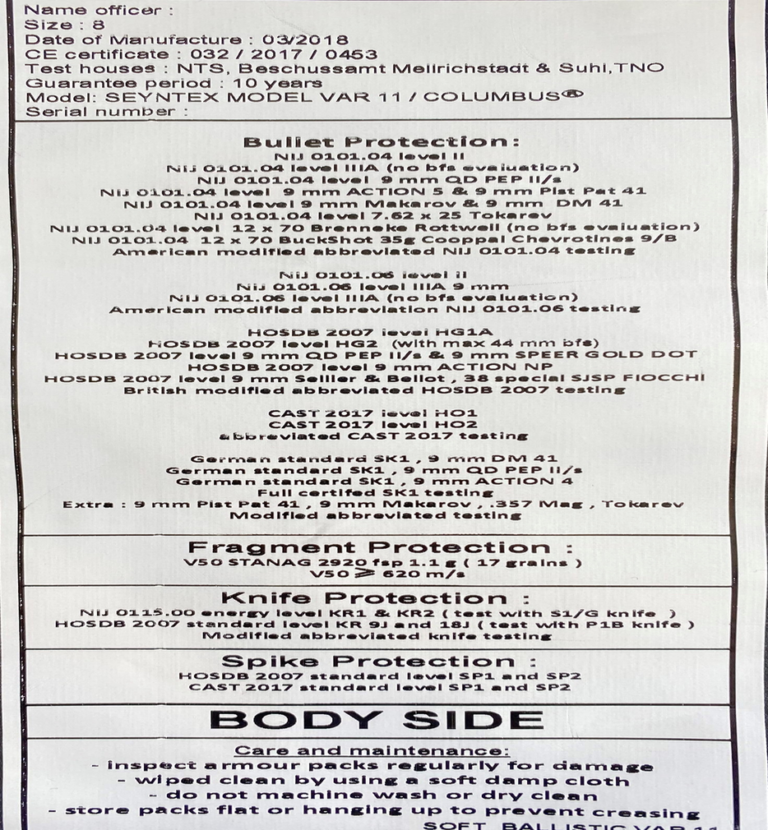 Spécifications-plaque-balistique-COLPolice-Municipale-Classe-IIIA-SureTech